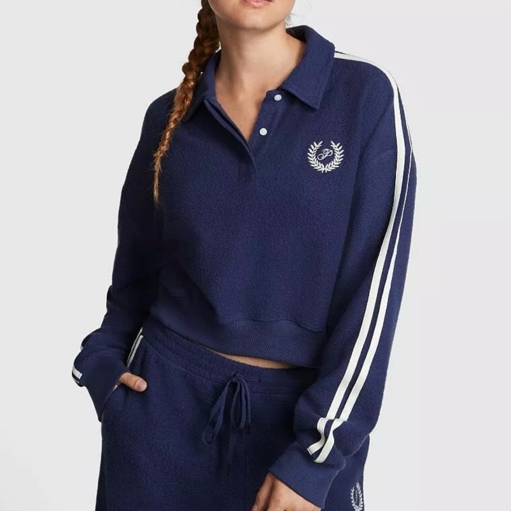 Victoria's Secret Pink Womens Cropped Polo Sports Sweatshirt Navy Medium top